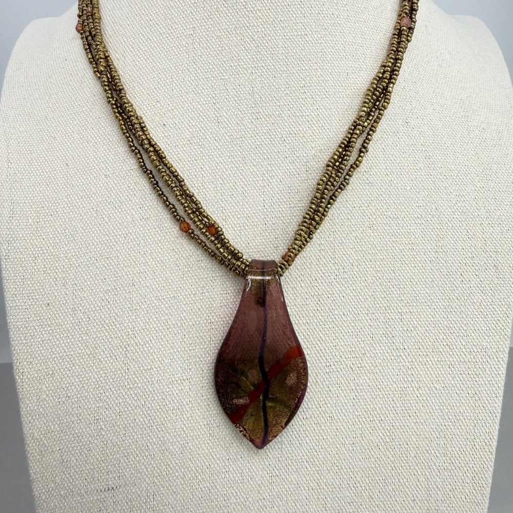 Dichroic Glass Teardrop Pendant Necklace Multi Strand Bronze Seed Beads - Picture 10 of 10